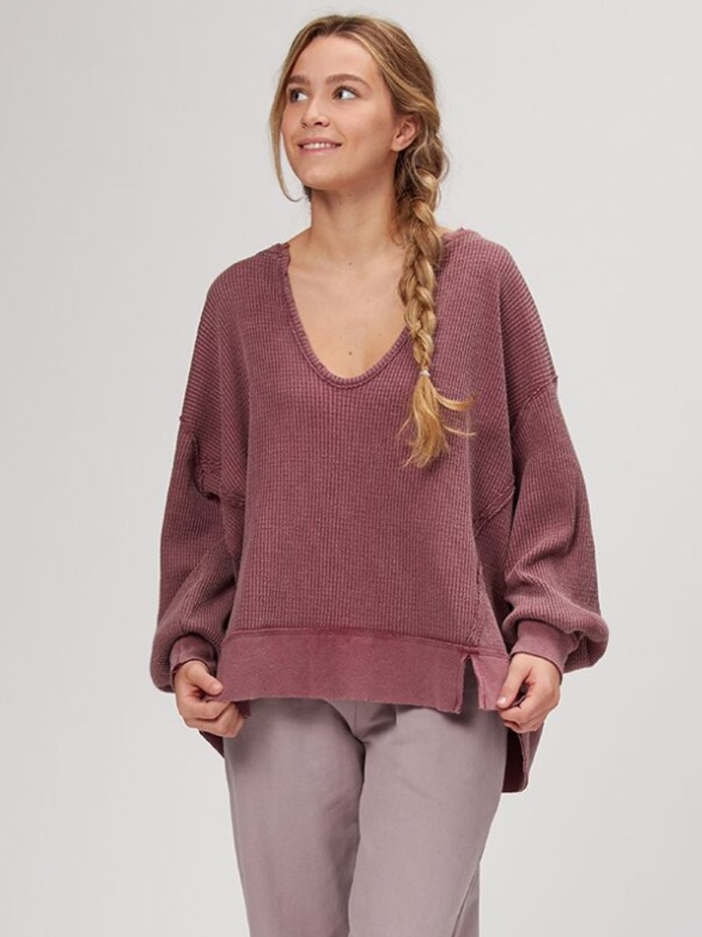 Pink Rose Women's Ribbed V-Neck Sweater in Dusty Rose
